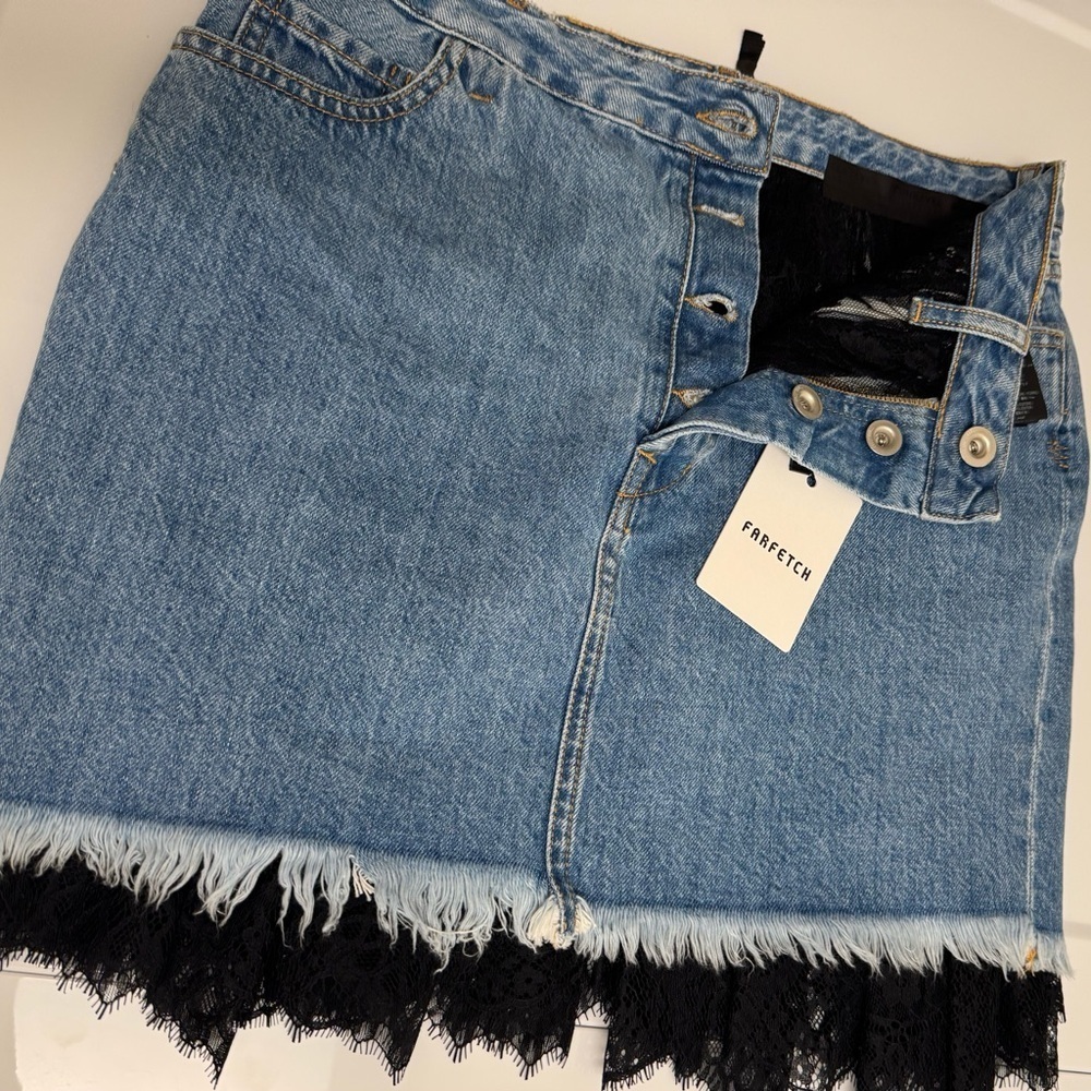 Unravel Project Mini Skirt Blue Denim Black Lace Ben Taverniti Sz 28 New w/Tag